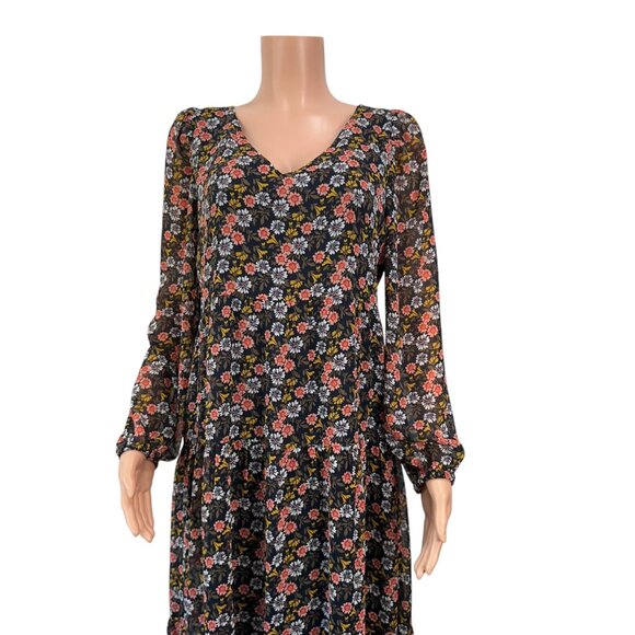 Loft Floral V-Neck Long Sleeve Tiered Midi Dress Women SZ 10 Back Zipper Closure - Picture 2 of 12